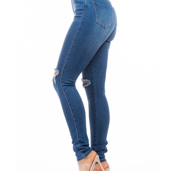 High Waist Slit Knee Skinny Denim Jeans - Picture 2 of 6